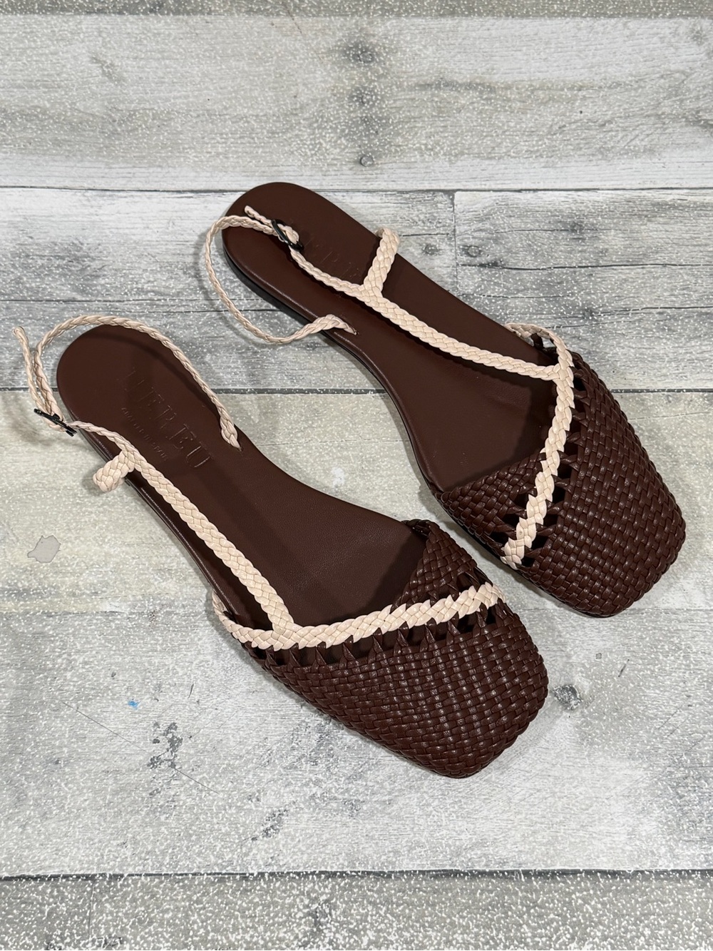 HEREU Rondaia Woven Leather Asymmetrical Sandals In Cocoa/Ivory Sz-8.US/38.EU - Picture 2 of 9
